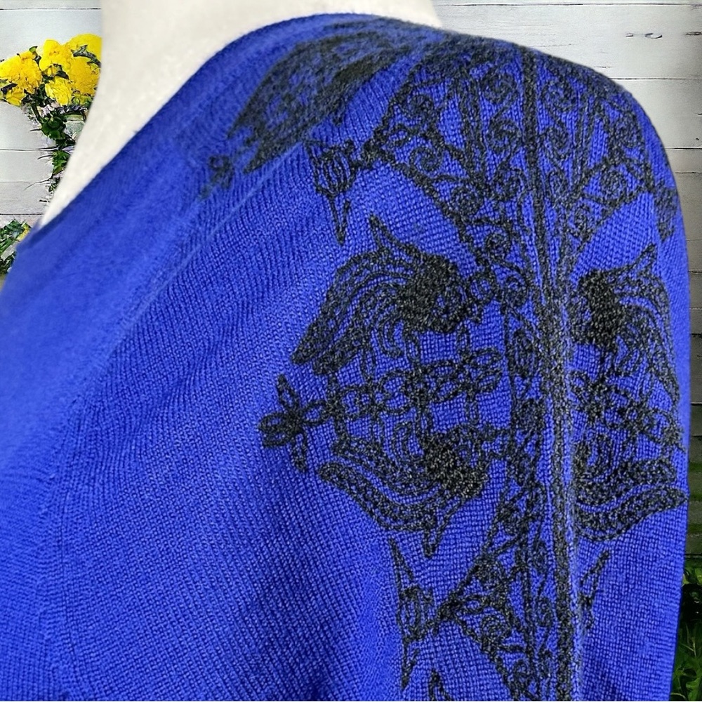 J. Crew 100% Merino Wool Royal Blue Long Sleeve Black Embroidered Sweater XXS - Picture 4 of 8
